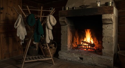 Cozy fireplace with drying mittens in rustic wooden room  