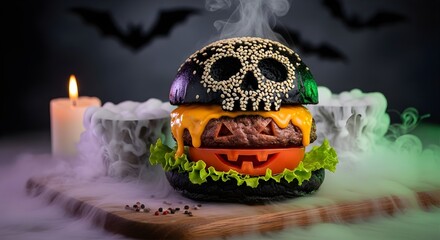 Luxury Halloween burger with skull sesame seeds and shadowy bat background