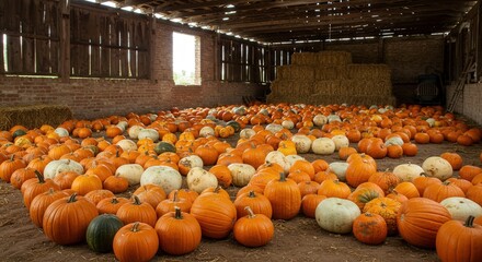 Pumpkins arranged on the floor of a barn in autumn setting  