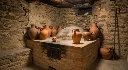 Ancient storage room with clay jars on stone wall background  