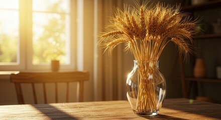 Dried wheat bouquet in a glass vase on wooden table by the window  