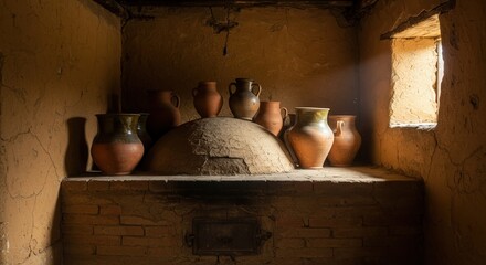 Traditional clay pots arranged on a shelf in rustic earthen room  