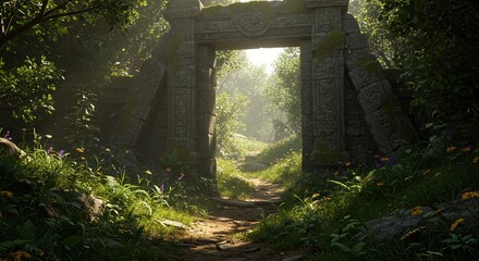 Ancient stone archway in lush forest path illuminated by sunlight  