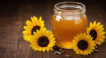 Honey jar surrounded by sunflowers and sunflower seeds on wood  