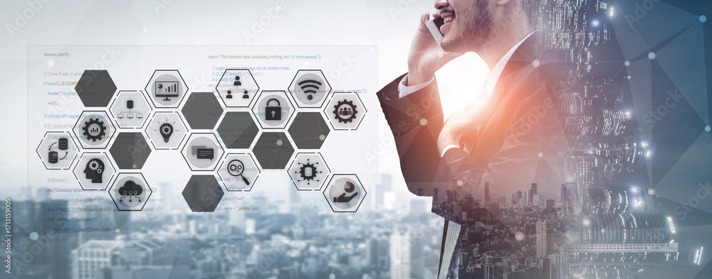Poster hexagon interface combining ai, data, analytics, and cybersecurity. ai connects systems, data drives