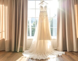 Elegant Wedding Dress in Sunlight.