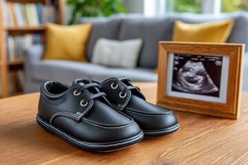 A pair of black baby shoes and an ultrasound photo symbolizing anticipation, parenthood, and the upcoming arrival of a new family member, focus on the shoes.