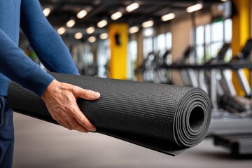 A focused shot of a man's hands carrying a black yoga mat inside a fitness center, symbolizing wellness and healthy lifestyle with gym equipment in the blurred background.