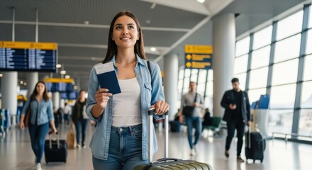 Happy young female student with a passport and suitcase walking through the airport terminal, ready for her international study abroad adventure