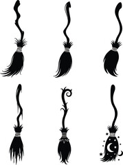 Halloween Broom Icons Set - A Pack of 6 Different Silhouette Illustrations with a White Background