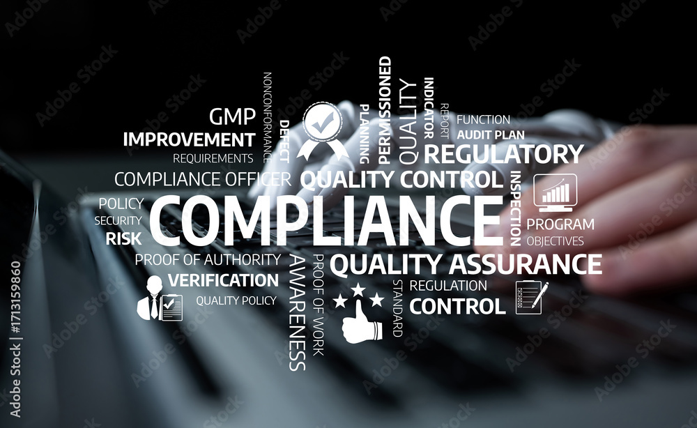 Poster a close-up view of a businessman hands on a keyboard, focusing on compliance and quality assurance c