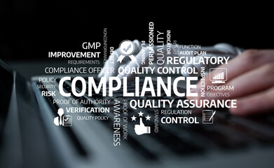 A close-up view of a businessman hands on a keyboard, focusing on compliance and quality assurance...