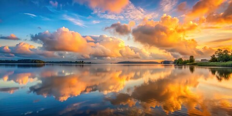 Obraz premium Softly glowing clouds float above a serene lake at dawn, with a warm orange glow spreading across the water surface , sunrise