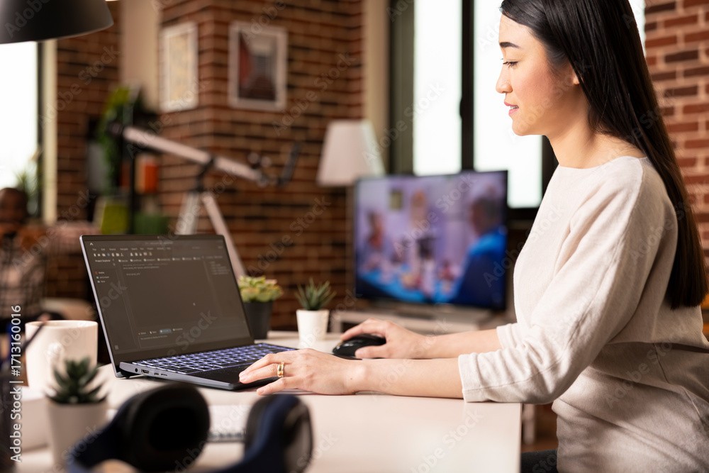 Poster remote software developer working on laptop, typing in programming language for startup project. you