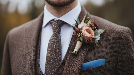A groom's suit with a floral boutonniere.