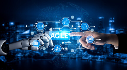 This image illustrates the collaboration between a human hand and a robotic hand, emphasizing the agile methodologies in a modern digital workspace with futuristic elements. Tessel