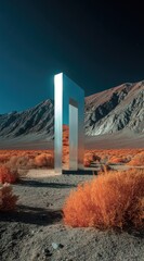 A large, reflective, metallic structure stands in a desert landscape, framed by vibrant, orange-toned brush.