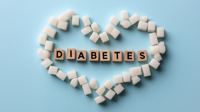 sugar cubes forming heart shape with diabetes text blocks on pastel blue background for Diabetes Awareness Month visuals, medical infographics, and health campaign posters