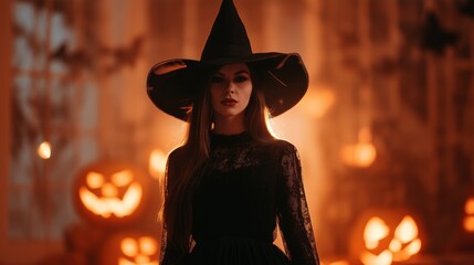 Smiling woman in black lace witch costume with pointed hat for Halloween event flyers, costume party ads, and themed social media posts, waist-up indoor portrait with glowing pumpkins, orange tones