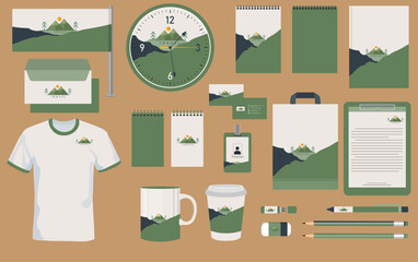 Flat classic brand identity with mountain landscape decor