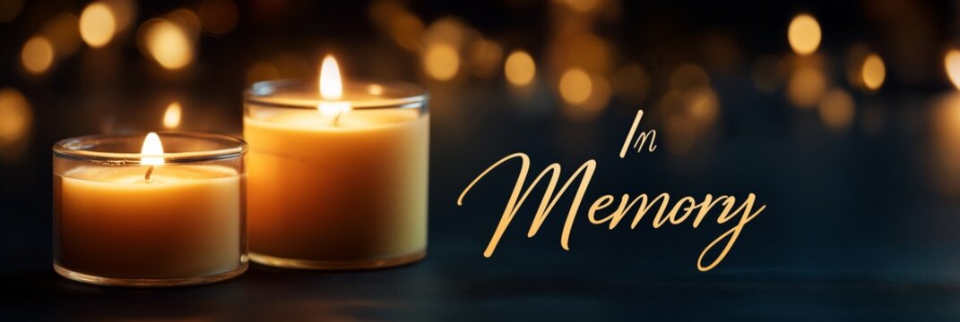 two lit candles in glass containers with in memory text and bokeh lights on dark background for remembrance visuals, condolence messages, and commemorative campaigns