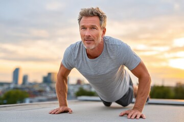 Fototapeta premium A fit mature man doing push-ups on a rooftop with city skyline at sunset. Active and healthy lifestyle concept with warm and peaceful atmosphere. Enjoying the sunset workout.