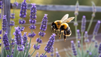 Bumblebee hovering near lavender stalks by fence