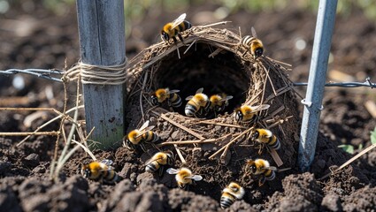 Bumblebee nest visible under soil near fence post