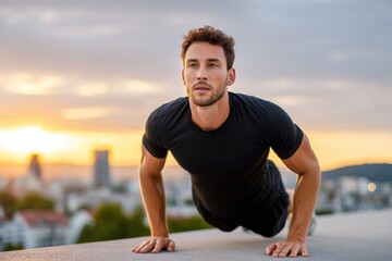 Fototapeta premium Athletic man doing push-ups against the backdrop of a sunset over the city, showing strength and determination during an outdoor workout session on the rooftop.
