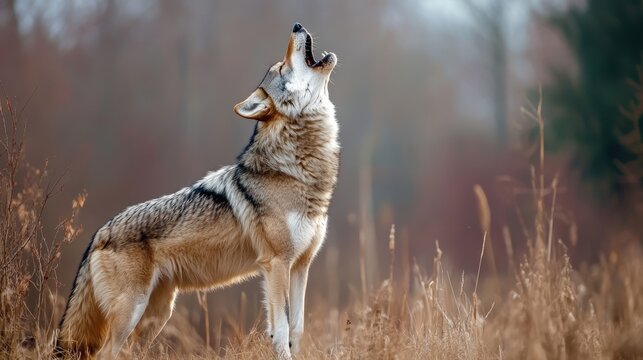 Grey wolf howls at the sky.