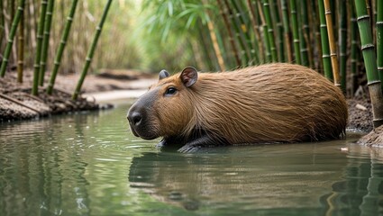 Capybara lying near shallow pool beside bamboo grove