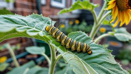 Caterpillar crawling on sunflower leaf in small urban garden