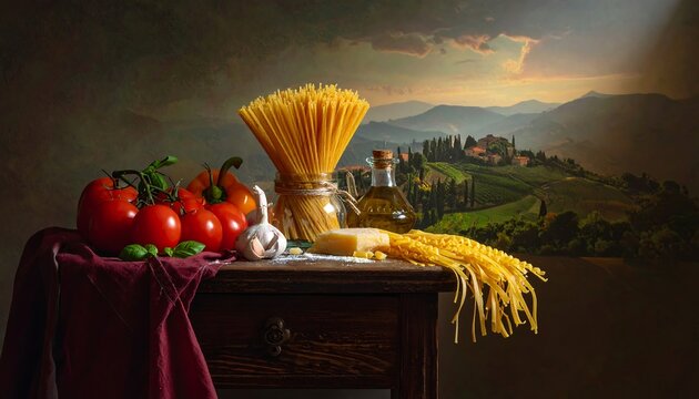 A still life composition featuring a rustic wooden table laden with ripe tomatoes, garlic, pasta, olive oil, and cheese, set against a backdrop of a Tuscan countryside landscape at sunset.