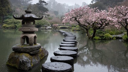 A tranquil Japanese garden pond, featuring smooth, dark stones forming a pathway through the water, under a misty sky.