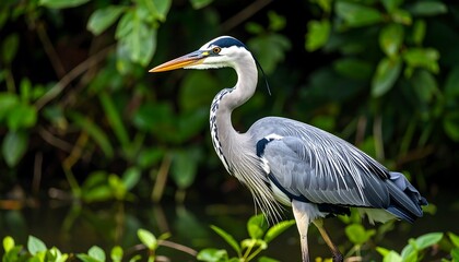 Grey heron in lush vegetation