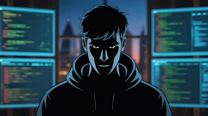 A figure in a hoodie stands before multiple monitors displaying code in a darkened room at night