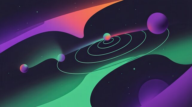 A digital illustration of a solar system with planets and colorful abstract shapes in the background