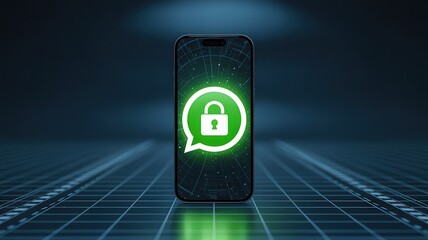 Smartphone displaying a green whatsapp icon with a padlock on a futuristic grid background