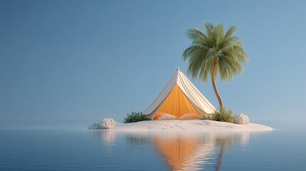 Naklejka premium Floating Tent on an Island With Palm Tree at Dawn