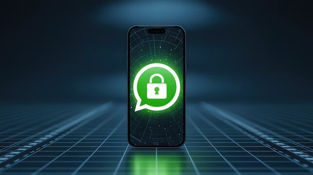 Smartphone displaying a green whatsapp icon with a padlock on a futuristic grid background