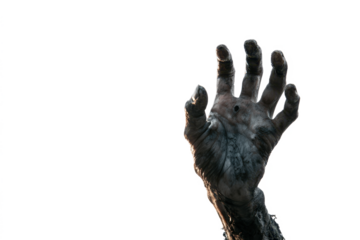 A decaying, mud-covered hand reaches upwards against a stark white background, evoking a sense of struggle or emergence.