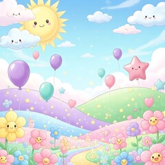 Adorable pastel landscape with cute sun, clouds, balloons, and flowers; perfect cute background for various design projects