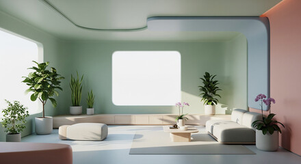 Modern Minimalist Living Room with Plants and Pastel Colors Interior Design