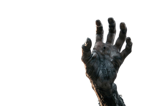 A decaying, mud-covered hand reaches upwards against a stark white background, evoking a sense of struggle or emergence. - Powered by Adobe