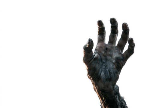 A decaying, mud-covered hand reaches upwards against a stark white background, evoking a sense of struggle or emergence.