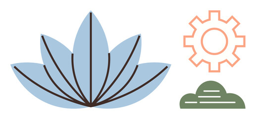 Blue lotus with linear accents, orange gear, and green cloud symbolize harmony, technology, and nature. Ideal for wellness, mindfulness, innovation growth ecology balance sustainability. A simple