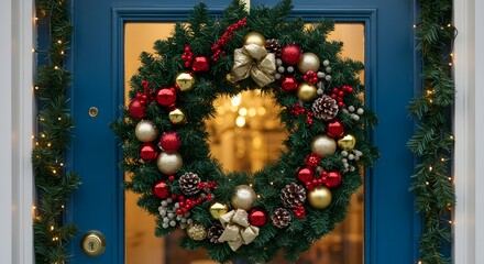 Christmas wreath with ornaments and pine cones hanging on a blue door with garland on the side