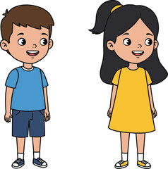 Cartoon illustration of happy boy and girl standing together, cute kids smiling, children wearing colorful clothes, friendship, childhood, fun, vector art