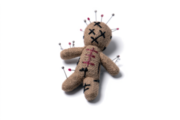 A voodoo doll made of burlap with pins stuck all over its body, isolated on a white background.