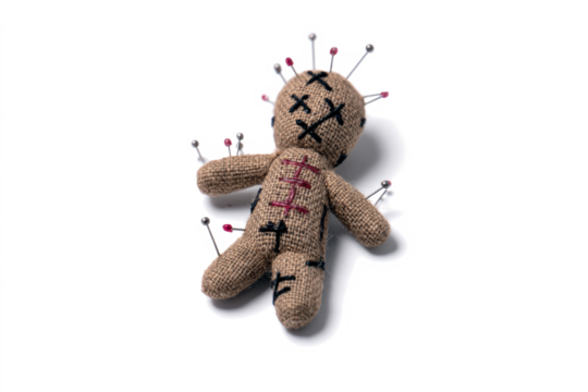 A voodoo doll made of burlap with pins stuck all over its body, isolated on a white background.